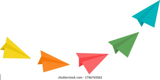 Group Of Colorful Flying Paper Planes That Follow Each Other. Fun Concept For Management, Leadership Or Learning Curve For Teamwork. Shows The Journey And Improvement On The Way. Dream Vacation Idea.