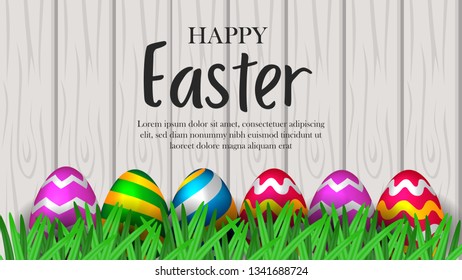 group colorful fun egg with green grass and wood texture background for easter event party. Poster, banner, brochure, invitation, greeting card.