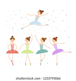 A group of colorful, funny, cute, dancing ballerinas, winter ballet