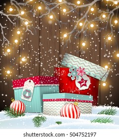 Group of colorful gift boxes lying in snow under electric christmas lights, in front of dark brown wooden wall, vector illustration, eps 10 with transparency