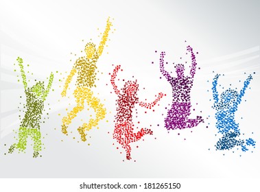 Group of colorful happy people jumping 