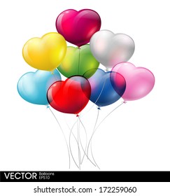 Group of colorful heart balloons vector set isolated on white background for birthday, party or promotion banners or posters 