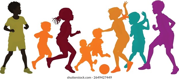 A group of colorful kids are playing together, their silhouettes vibrant against the white background. They are running, jumping, and enjoying a ball game outside.