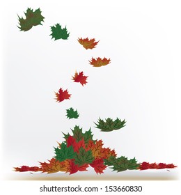 a group of colorful leafs falling down from a tree in a white background