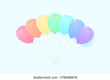 Group of colorful pastel color balloons flying in the sky, rainbow color pattern, paper art style