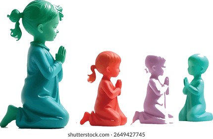 A group of colorful plastic dolls are kneeling in prayer. They are arranged in a row, each with their hands clasped together in a gesture of devotion and faith.