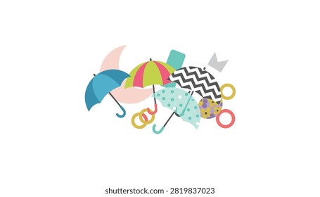 Group of colorful rain umbrellas with striped and polka dot patterns arranged creatively.