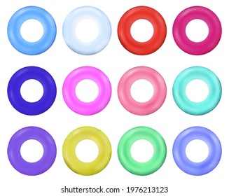 Group of colorful realistic vector inflatable swim ring isolated on white background.