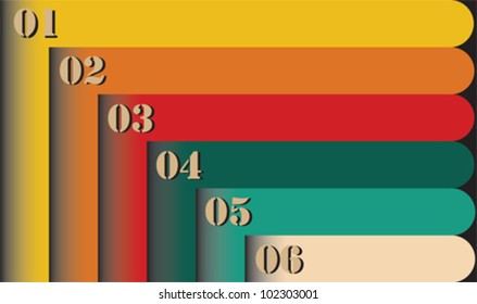 Group of colorful retro style six empty numbered labels for lists. This set of varicolored trendy banners can be used in webpages, etc.