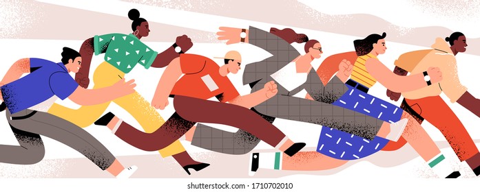 Group Of Colorful Runners People Isolated On White Background. Cartoon Jogging Male And Female In Motion Vector Flat Illustration. Person Runner Race Lifestyle, Competition Between Man And Woman