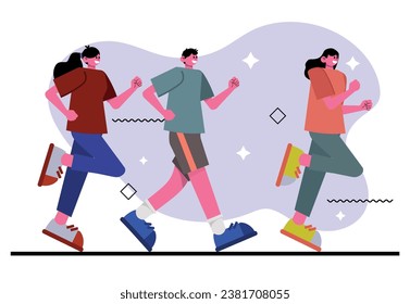 Group of colorful runners people isolated on white background. Cartoon jogging male and female in motion vector flat illustration. Person runner running lifestyle, competition between man and woman