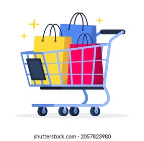 Group of colorful shopping bags in the cart. Creative business concept of promotion, sale, deal, mall, 
 or supermarket. Trendy cute cartoon flat vector illustration. Commercial graphic element.