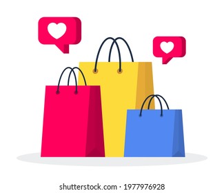 Group of colorful shopping bags with heart bubble isolated on white background. Creative concept of shopping. Simple trendy cute object vector illustration. Flat style graphic design icon element.