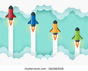 group of colorful spaceships launching in to the sky. paper cut of red,blue,orange and green rockets traveling in the space. paper art illustration.