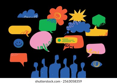 A group of colorful speech bubbles hovering above the silhouettes of people. The concept of different opinions, communication and interaction of society.