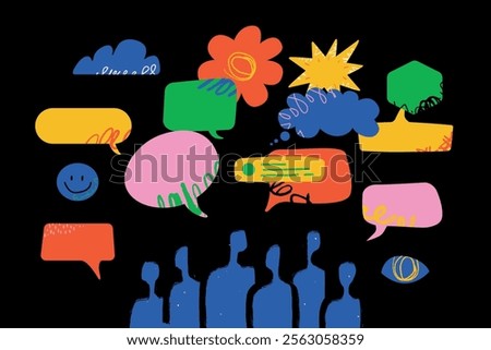 A group of colorful speech bubbles hovering above the silhouettes of people. The concept of different opinions, communication and interaction of society.