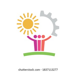 Group of colorful stylized people with the sun and the gear over them