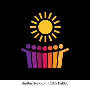 Group of colorful stylized people with the sun over them. Dark background