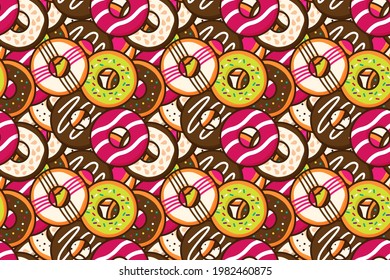 Group of colorful sweet donuts with glaze and sprinkles background. Top view doughnut seamless pattern backdrop wallpaper. Dessert and bakery concept. Trendy cute cartoon food vector illustration.