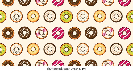 Group of colorful sweet donuts with glaze and sprinkles background. Top view doughnut seamless pattern backdrop wallpaper. Dessert and bakery concept. Trendy cute cartoon food vector illustration.