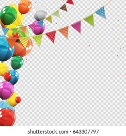Group of Colour Glossy Helium Balloons Isolated on Transperent  Background. Set of  Balloons and Flags for Birthday, Anniversary, Celebration  Party Decorations. Vector Illustration
