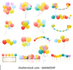 Group of Colour Glossy Helium Balloons Isolated on Transperent  Background. Set of  Balloons and Flags for Birthday, Anniversary, Celebration  Party Decorations. Vector Illustration EPS10