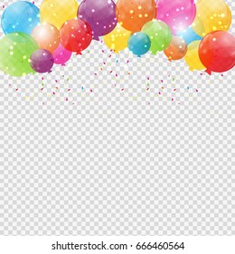 Group of Colour Glossy Helium Balloons Isolated on Transperent  Background. Set of  Balloons and Flags for Birthday, Anniversary, Celebration  Party Decorations. Vector Illustration EPS10