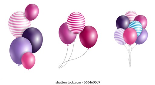 Group of Colour Glossy Helium Balloons Isolated on Transperent  Background. Set of  Balloons and Flags for Birthday, Anniversary, Celebration  Party Decorations. Vector Illustration EPS10