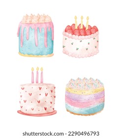 Group of colourful birthday cakes watercolour hand drawing illustration