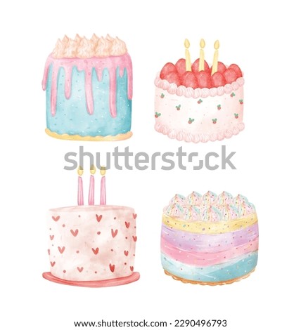 Group of colourful birthday cakes watercolour hand drawing illustration
