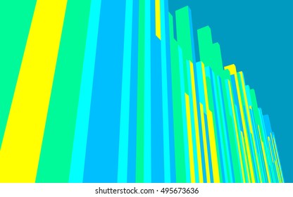 Group of columns of random height and color. 3D perspective projection view. Cyan, blue, green, yellow solids in array. Abstract vector geometric background.