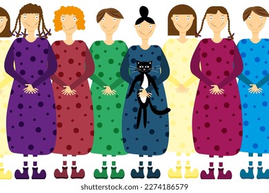 Group of comical women in long dress on white background. Strong independent woman.