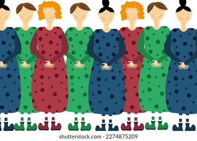 Group of comical women in long dress on white background.