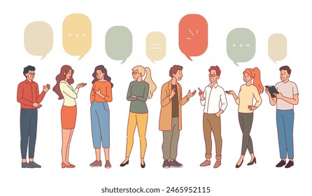 Group of communicating friends. Talking people, men and women discussing topic, dialogue speech bubbles, conversation symbols, meeting and debate, cartoon flat isolated illustration, vector set