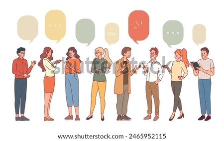 Group of communicating friends. Talking people, men and women discussing topic, dialogue speech bubbles, conversation symbols, meeting and debate, cartoon flat isolated illustration, vector set