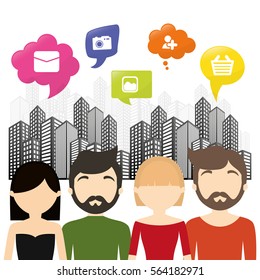 group communication bubble speech urban background vector illustration