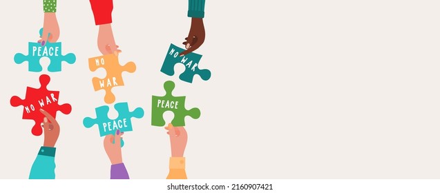 Group communication of multi-ethnic and multicultural men and women. Raised hands holding puzzles with text no war, peace. Racial equality. People diversity. Different culture countries. Community. 