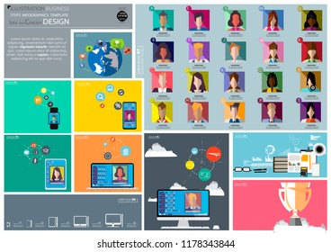 Group community Business man, Lady,Contact communicate- Social Network Technology-Smart watch, Cellphone,Tablet ,Laptop,Computer,icon,Cloud,Earth - Illustration modern  Business Steps Infographics.