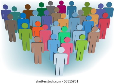 A group company congregation of symbol people in many colors behind a leader.