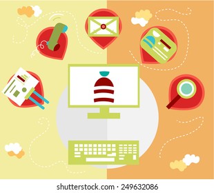 Group of computer and business icons on orange, yellow background