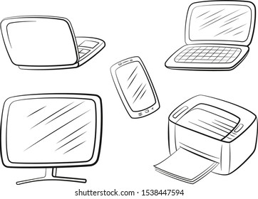 Group of Computer Equipment Icons. Monitor, Printer, Laptop and Smartphone. Office Digital Electronics. Black Pictograms Isolated on White. Vector