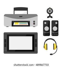 Group computer office equipment laptop, monitor, tablet pc, smart phone printer keyboard