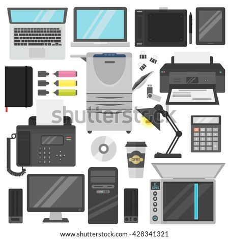 Group computer office equipment. Laptop, monitor, tablet pc, smartphone, printer keyboard, photo camera, mouse. Office electronics digital vector