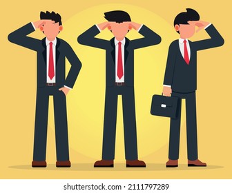 group of concentrated businessmen stood looking holding his hand above the eyes. Business vision perspective planning concept. Flat style vector illustration isolated on yellow background.