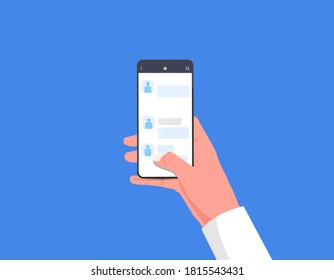 Group conference chat on a smartphone. Team meeting from home during coronavirus pandemic. Mockup of online meeting workspace page. Remote working during quarantine. Vector.