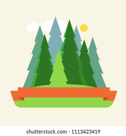 Group of coniferous trees, ribbon with place for your text. Vector illustration in flat style