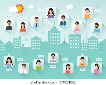 Group of connecting people via social network on city scene background. Flat design people characters.