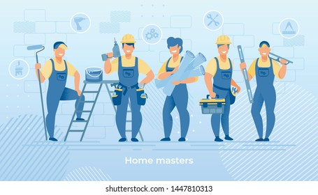 Group of Construction Engineers in Robe with Building Equipment Tools. Carpenter Repairman with Drill and Hammer, Builder with Paint Bucket, Home Master Hold Wallpaper Cartoon Flat Vector Illustration