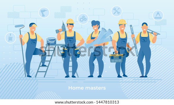Group of Construction Engineers in Robe with\
Building Equipment Tools. Carpenter Repairman with Drill and\
Hammer, Builder with Paint Bucket, Home Master Hold Wallpaper\
Cartoon Flat Vector\
Illustration