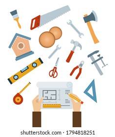 Grupo de herramientas de construcción e icono vectorial del plan de vivienda aislado